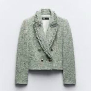 Zara Tweed Apple 🍏 Green and Blue Crop Blazer with Silver Buttons